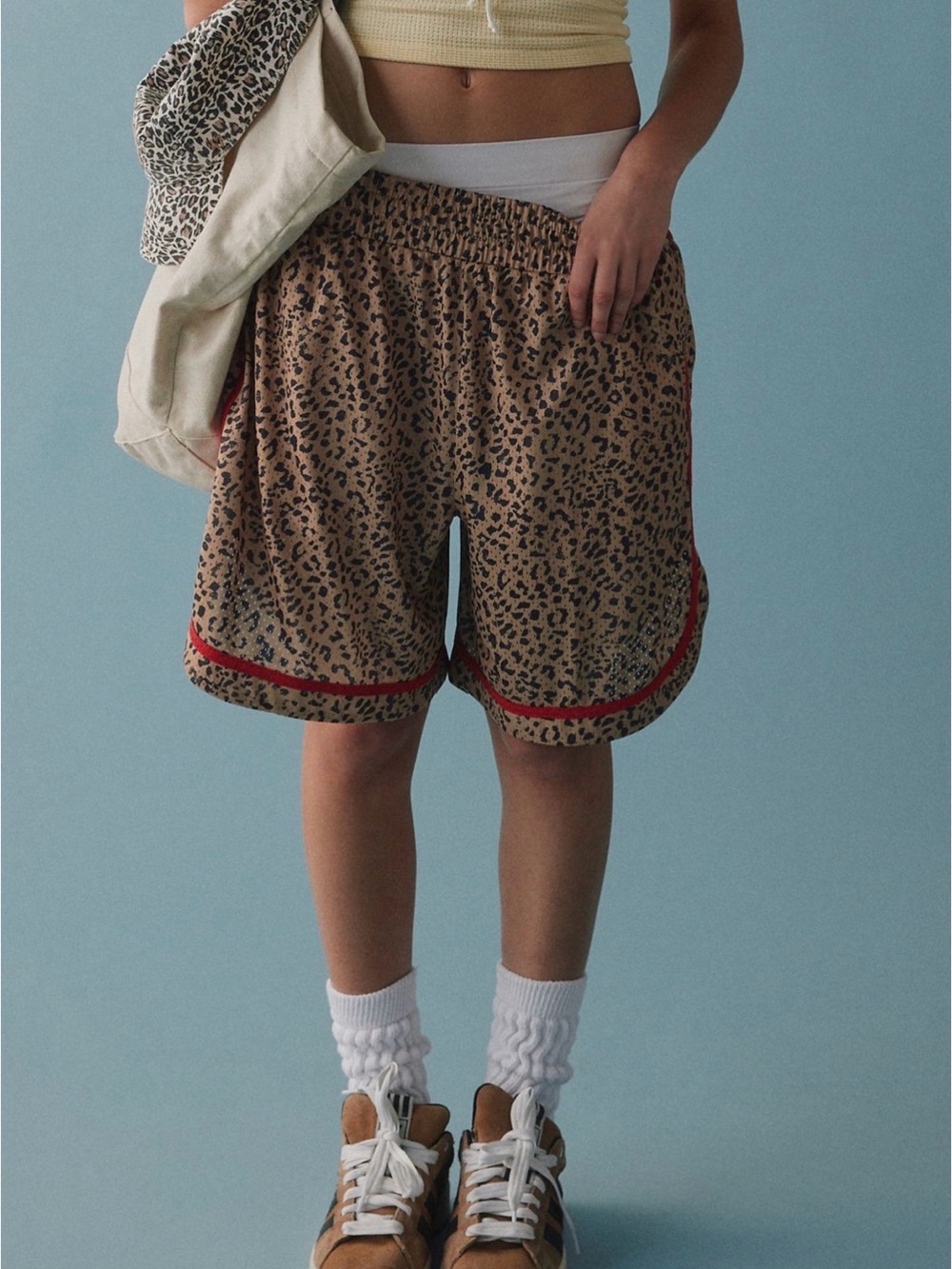 UO BDG Leopard Print Elastic-Waist Women’s Shorts in Tan with Red Trim